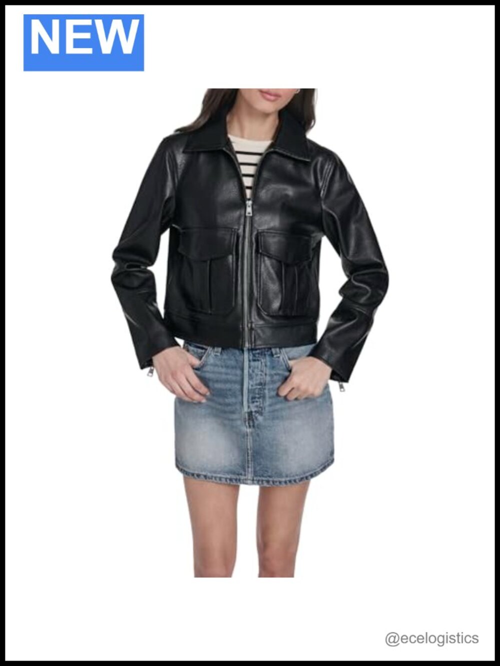 Cropped Moto Jacket in Faux Leather with Front Zipper